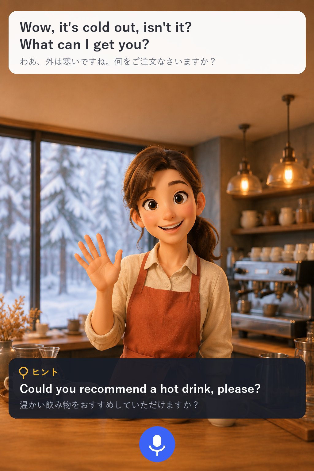 キャラクターモードの会話画面の再現イメージ。冬のカフェで笑顔のバリスタが手を振り、上部にAIのセリフと和訳、下部にヒントの例文と和訳、マイクボタンが表示されている